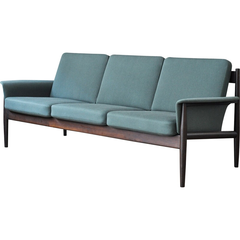 3-seater scandinavian sofa in teak and green wool, Grete JALK - 1960s