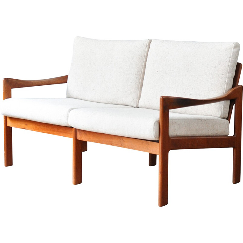 2 seater sofa in teak with woollen fabric, Illum WIKKELSO - 1960s