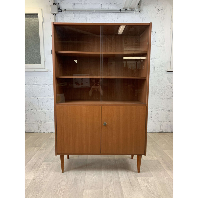 Scandinavian vintage wooden bookcase with glass, 1970s