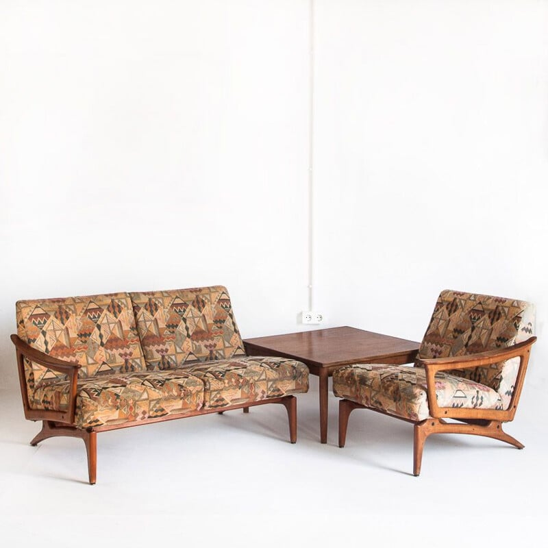 Mid-century scandinavian three-seater sofa and teak coffee table set by Edvard Valentinsen for Fraska, Denmark 1960s