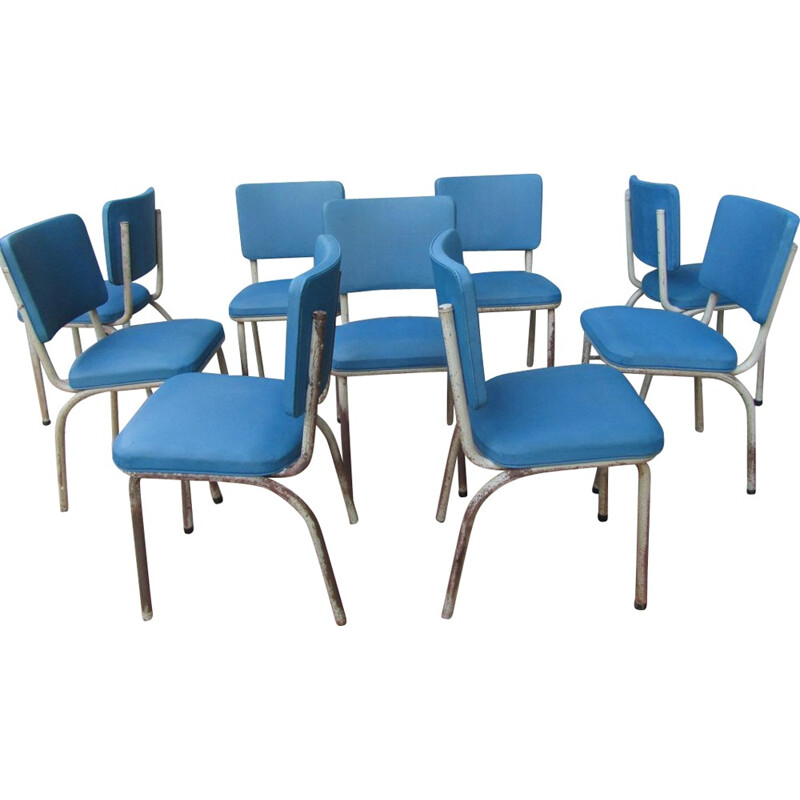 Set of 9 Tubax industrial blue chairs - 1950s