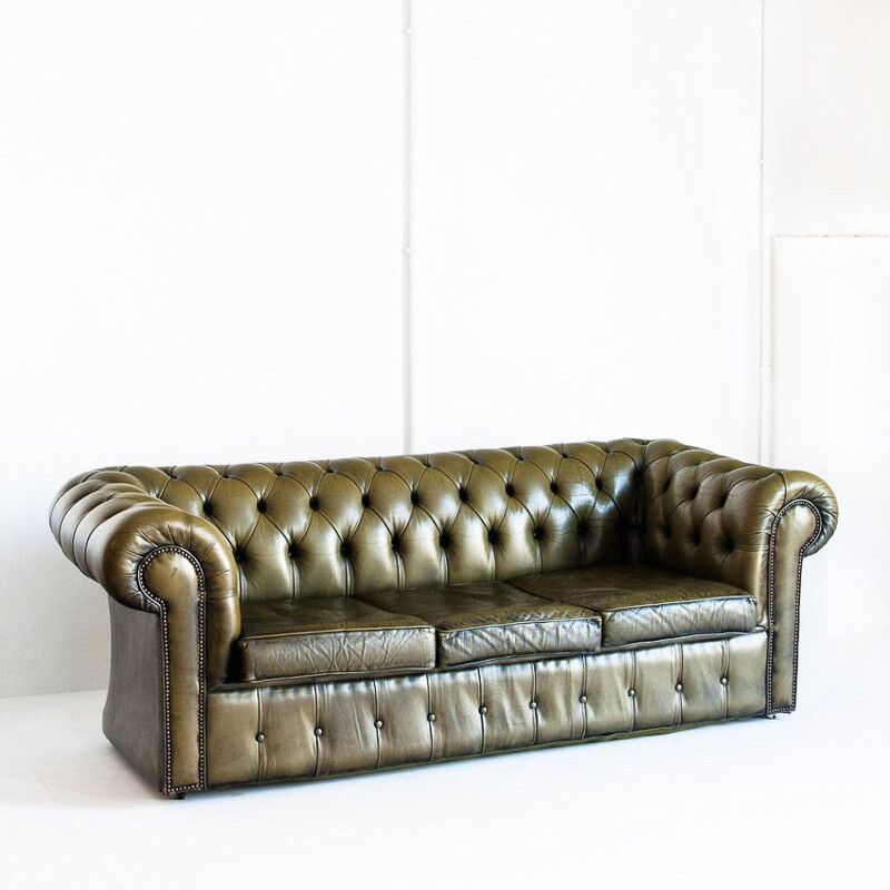 Vintage Chesterfield 3 seater leather sofa that converts into a bed, France 1980s