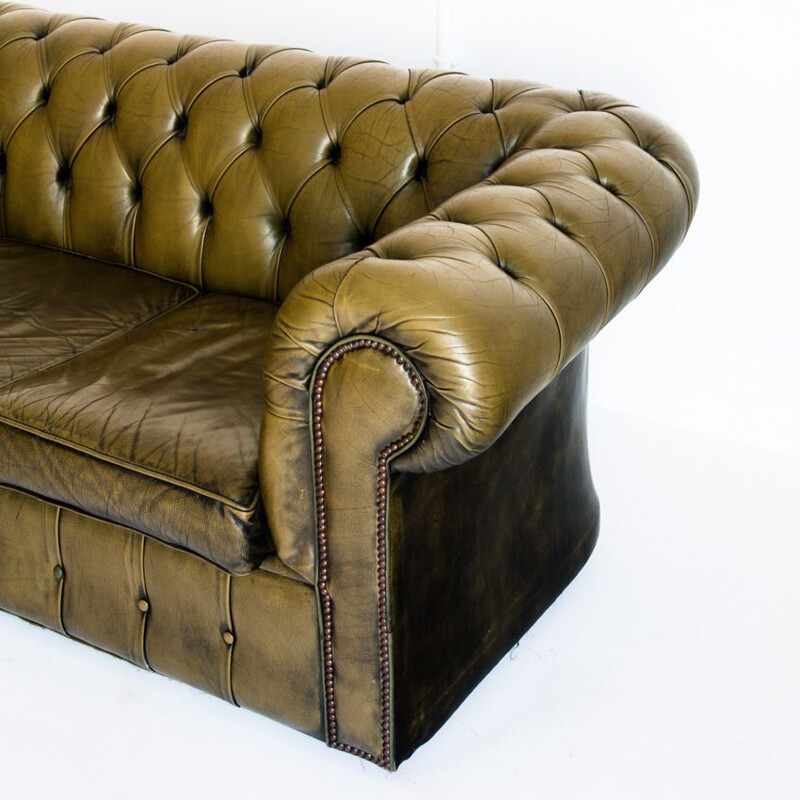 Vintage Chesterfield 3 seater leather sofa that converts into a bed, France 1980s