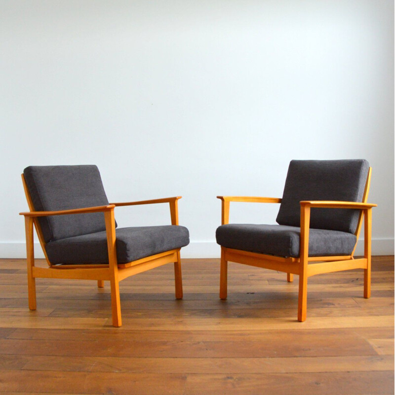 Paire de fauteuils vintage en bois de hêtre et coussins déhoussables, scandinave 1960
