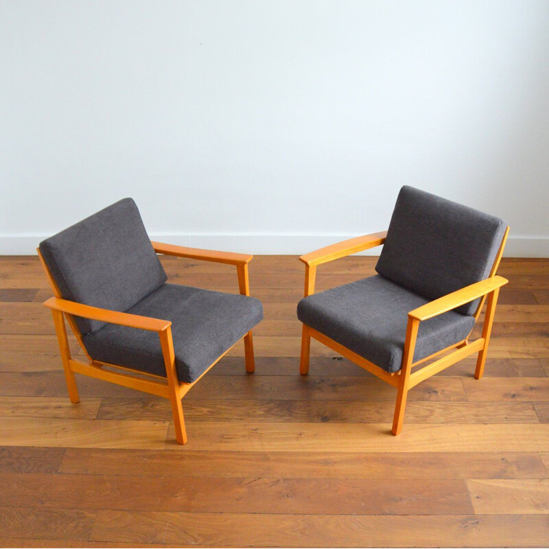 Pair of vintage beechwood armchairs with removable cushions, Scandinavian 1960