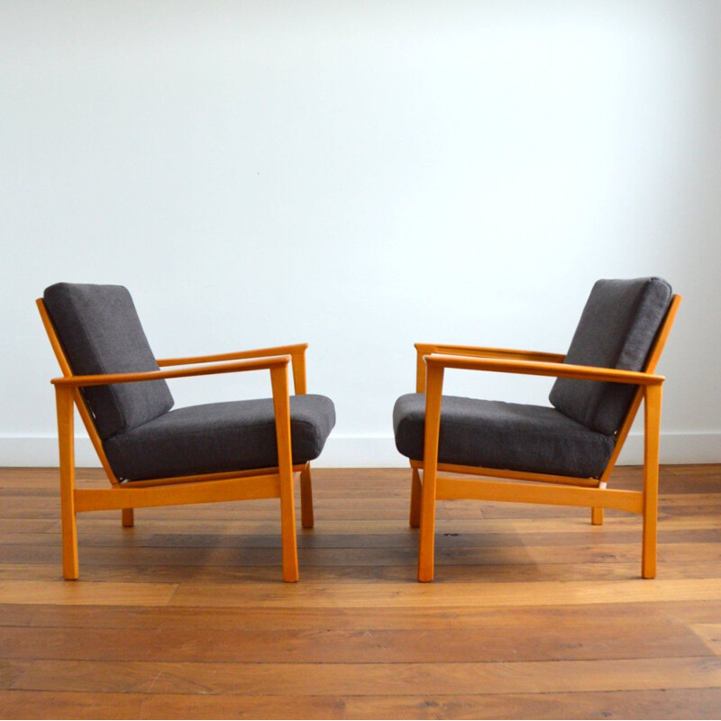 Pair of vintage beechwood armchairs with removable cushions, Scandinavian 1960