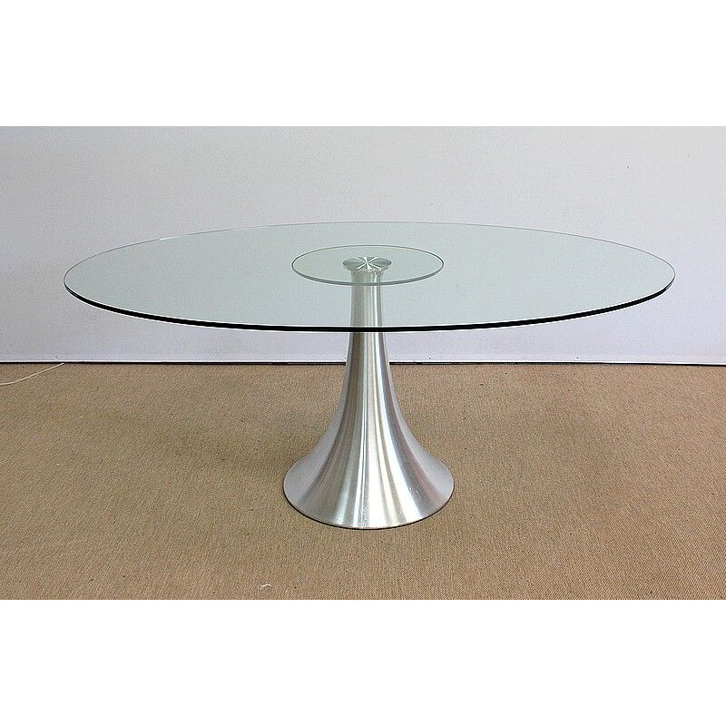 Oval dining table in tempered glass with brushed aluminum legs, 1970-1980s