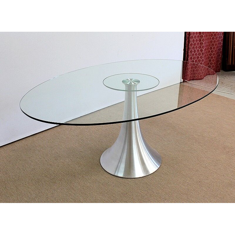 Oval dining table in tempered glass with brushed aluminum legs, 1970-1980s