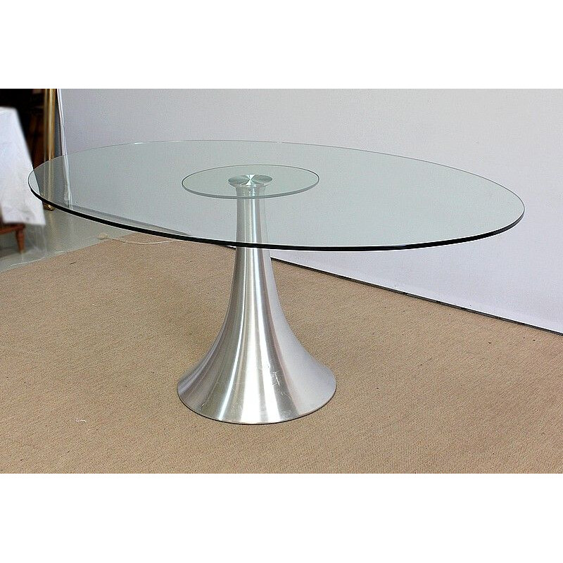 Oval dining table in tempered glass with brushed aluminum legs, 1970-1980s