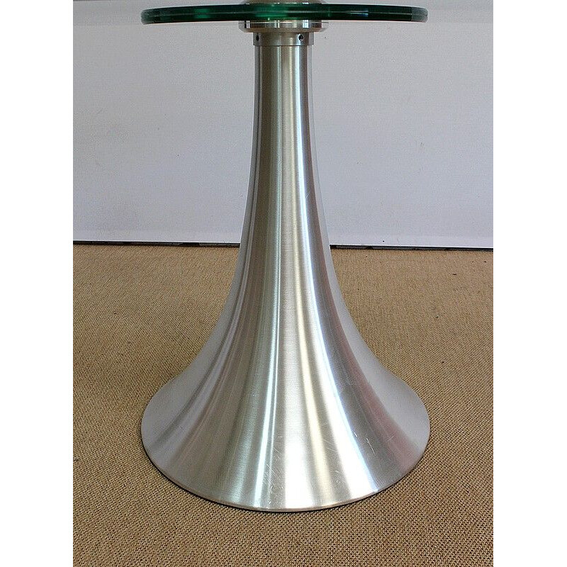 Table à manger vintage Ovale en verre trempé et pied en aluminium brossé, 1970-1980