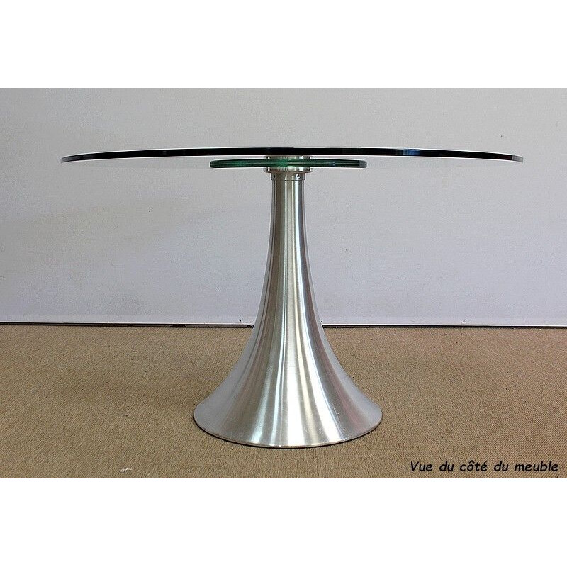 Oval dining table in tempered glass with brushed aluminum legs, 1970-1980s