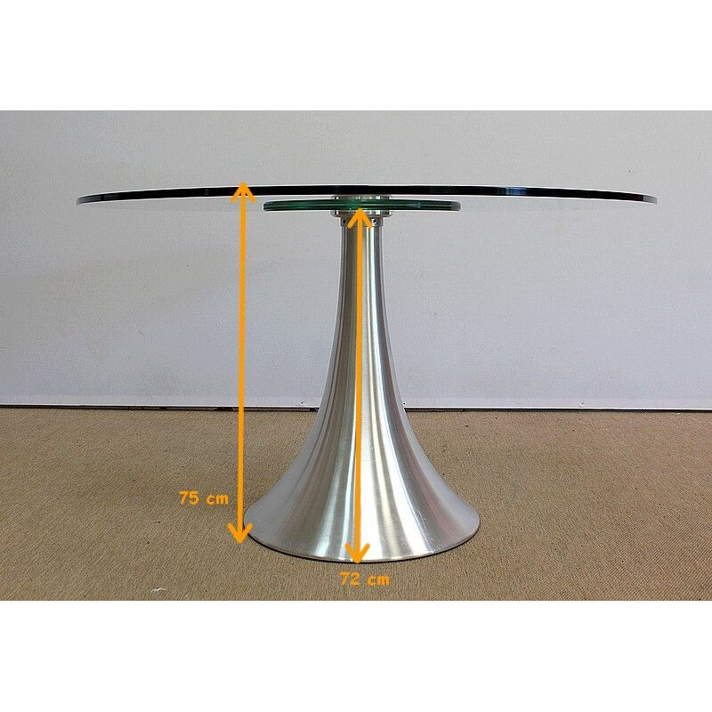 Table à manger vintage Ovale en verre trempé et pied en aluminium brossé, 1970-1980