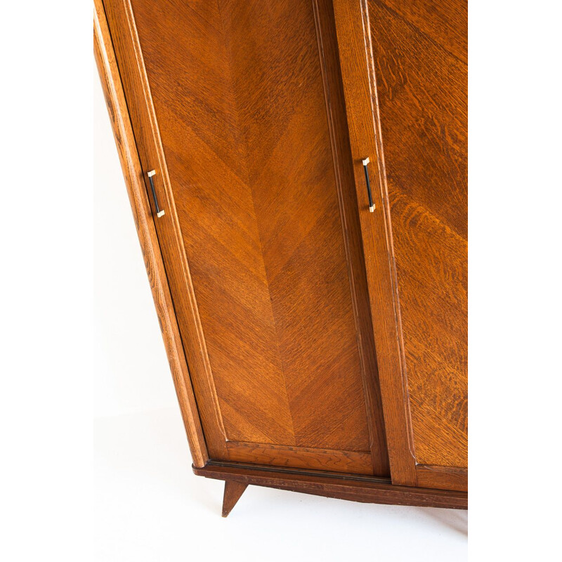 Vintage three-door sliding oak closet, France 1960