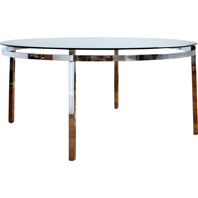 Round vintage coffee table in smoked glass and chrome, Italy 1970