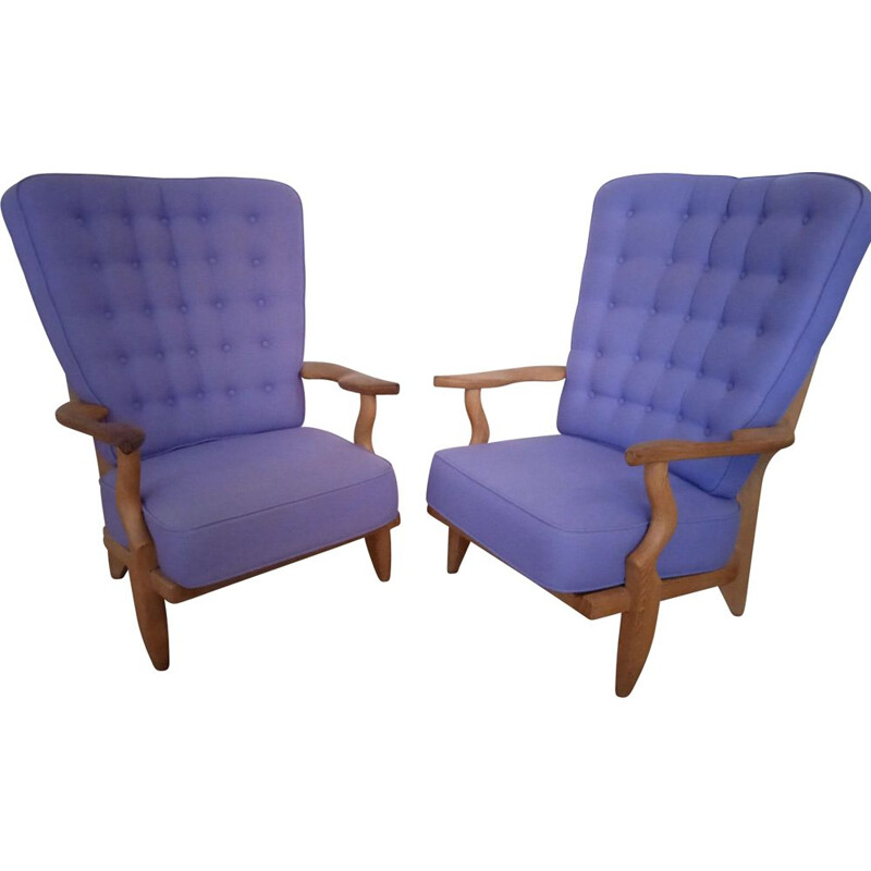 Paire de fauteuils vintage "Grand Repos" en chêne et laine de Guillerme & Chambron