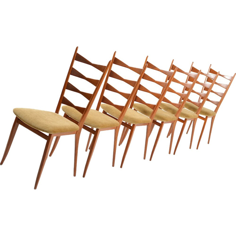 Suite de 6 chaises vintage en bois de teck et tissu - 1950