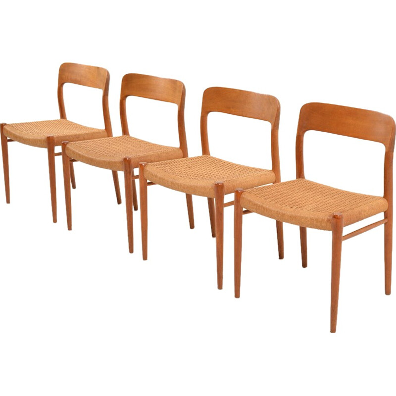 Set of 4 J.L Møllers dining chairs in teak and papercord, Niels Otto MØLLER - 1960s