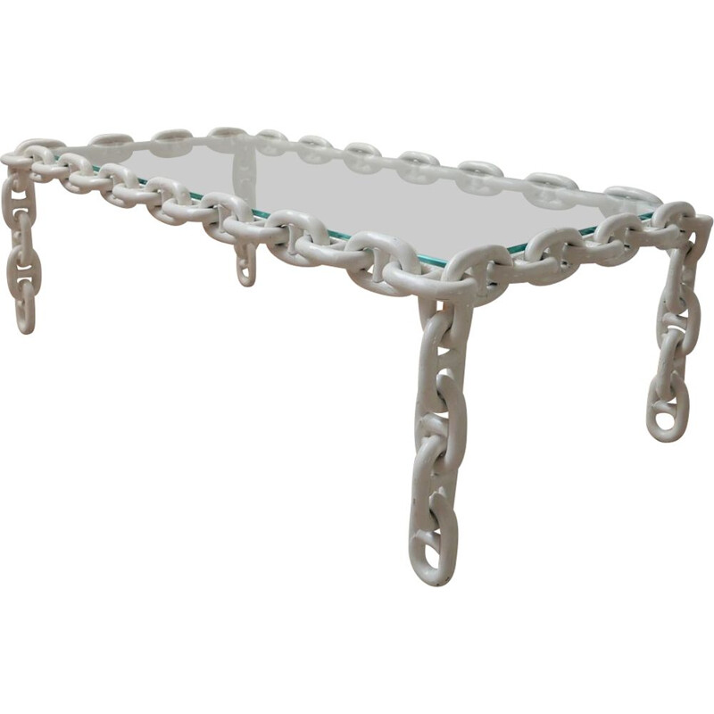 Vintage brutalist coffee table in chain and glass, Belgium 1970