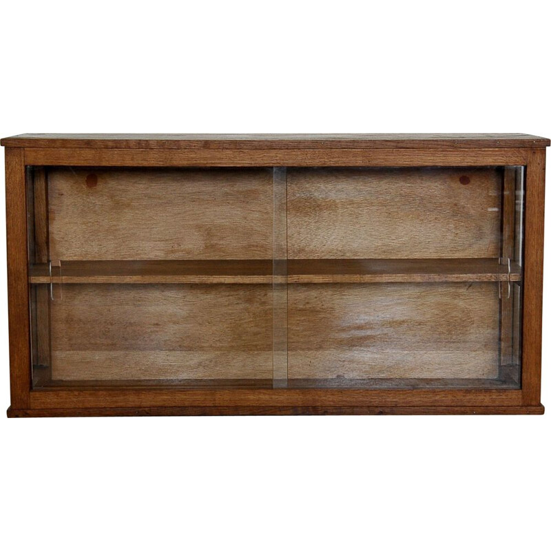 Vintage modernist wall display cabinet in solid oakwood, France 1950