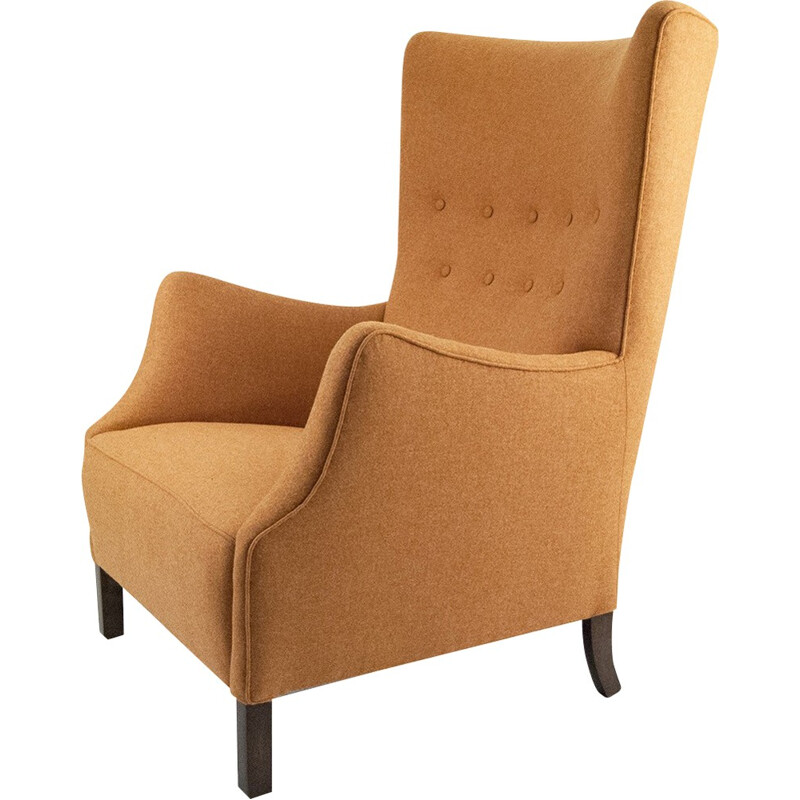 Fauteuil retapissé scandinave en hêtre et tissu orange - 1940