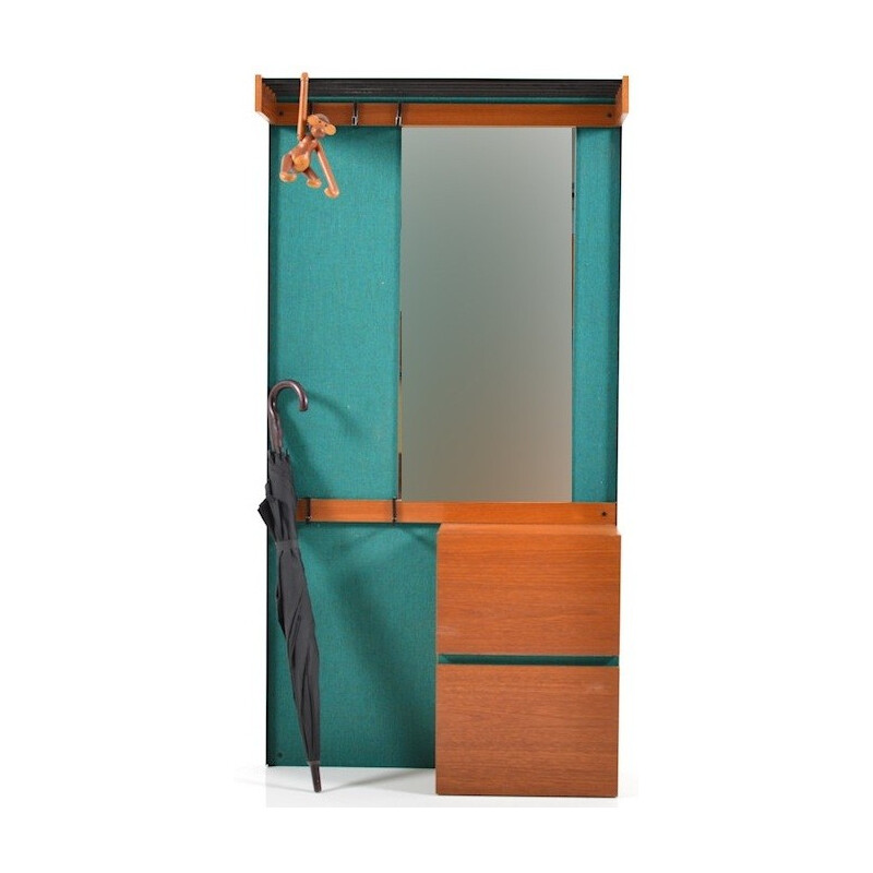 Mid-century teak wardrobe in turquoise fabric with mirror - 1960s