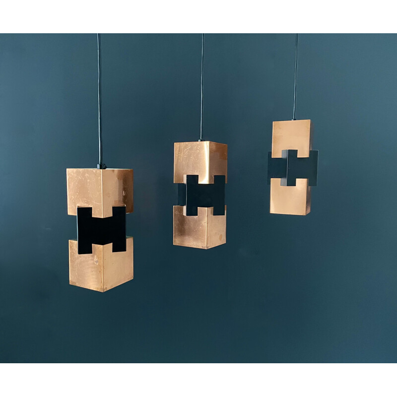 Suite of three vintage Danish Kubus copper and metal pendant lamps by Jo Hammerborg for Fog & Morup, 1960s