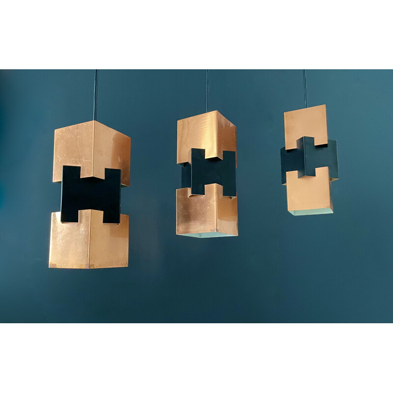 Suite of three vintage Danish Kubus copper and metal pendant lamps by Jo Hammerborg for Fog & Morup, 1960s