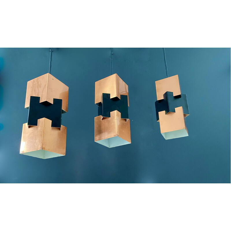 Suite of three vintage Danish Kubus copper and metal pendant lamps by Jo Hammerborg for Fog & Morup, 1960s