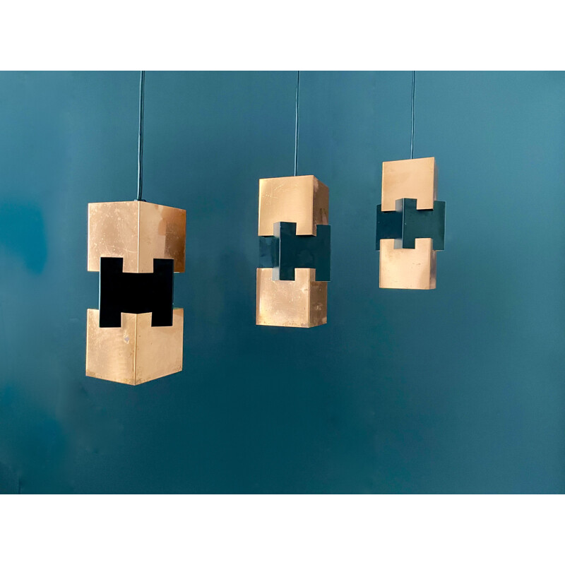 Suite of three vintage Danish Kubus copper and metal pendant lamps by Jo Hammerborg for Fog & Morup, 1960s
