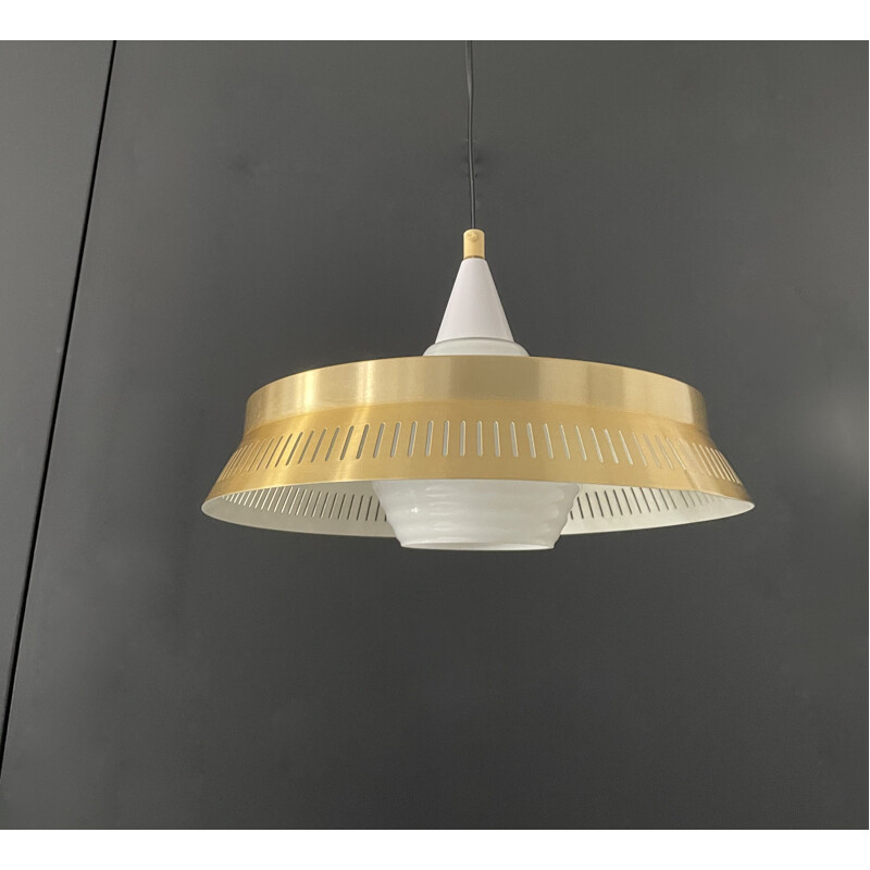 Vintage danish brass and opaline pendant lamp, 1960s