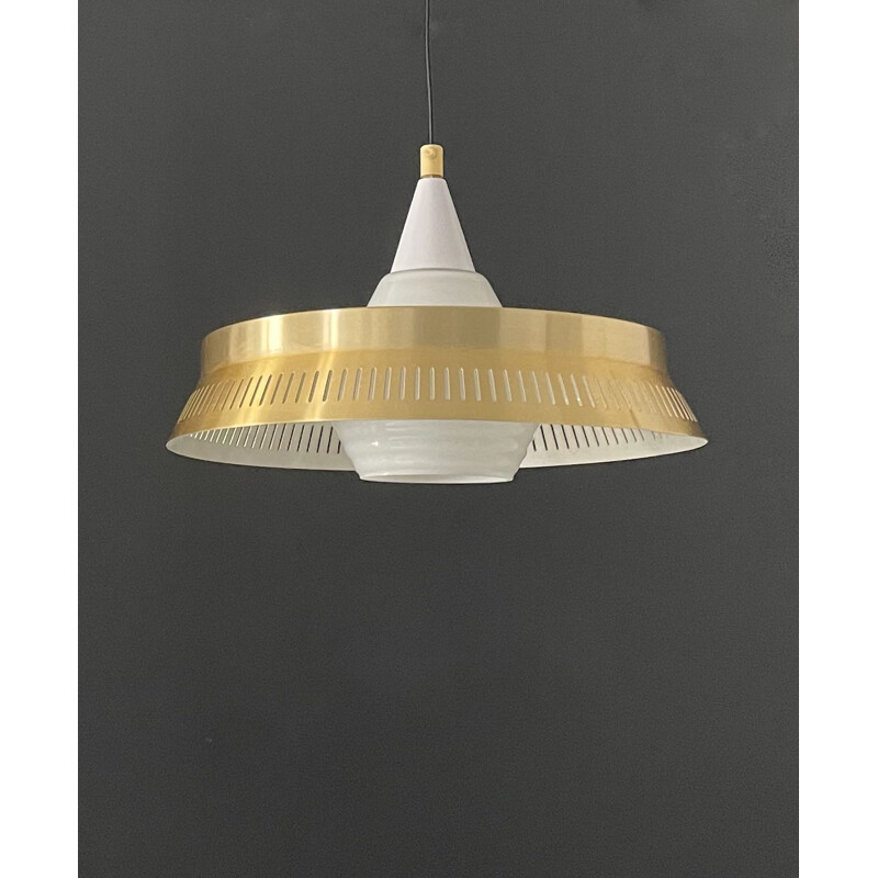 Vintage danish brass and opaline pendant lamp, 1960s
