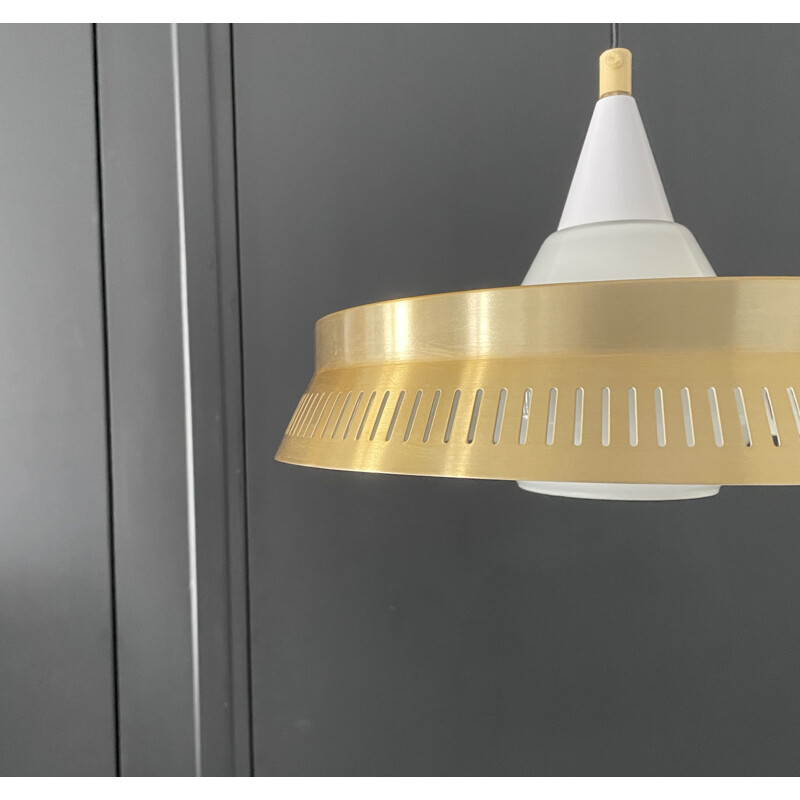 Vintage danish brass and opaline pendant lamp, 1960s