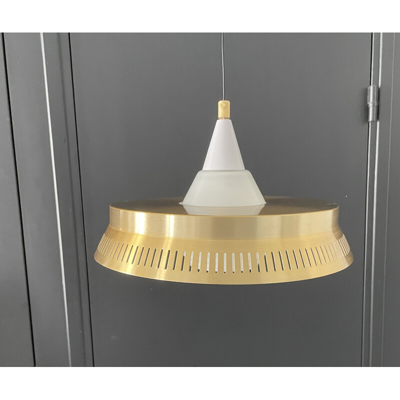 Vintage danish brass and opaline pendant lamp, 1960s