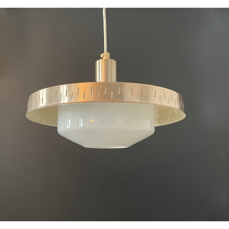 Scandinavian copper and opaline vintage suspension lamp, Denmark 1960s