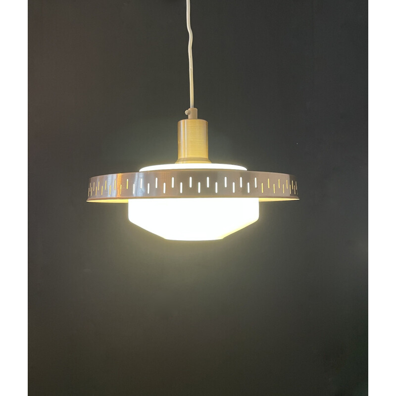 Scandinavian copper and opaline vintage suspension lamp, Denmark 1960s