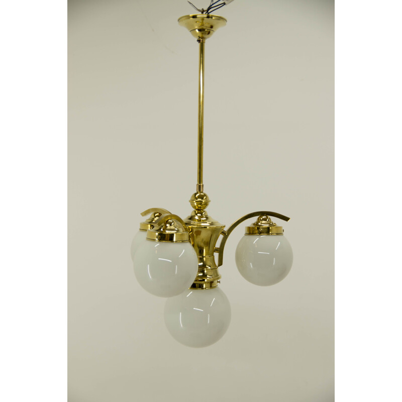 Vintage Art Deco brass 4-flame chandelier, 1930