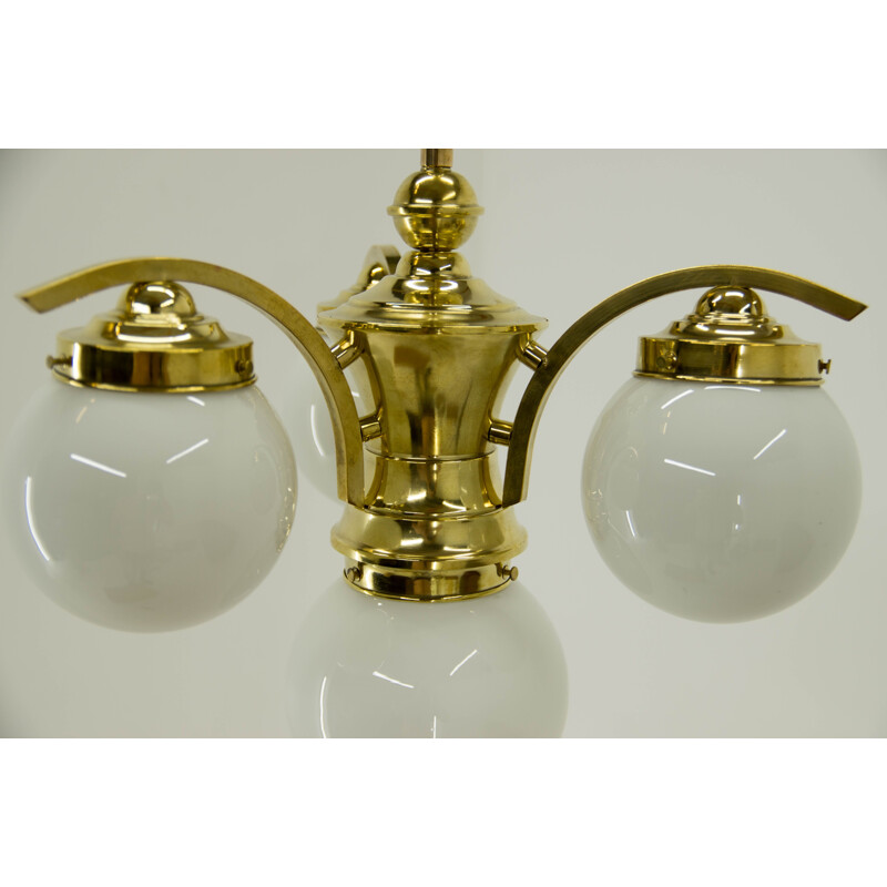 Vintage Art Deco brass 4-flame chandelier, 1930