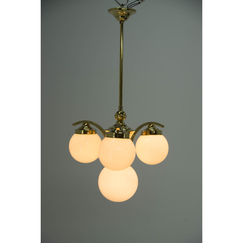 Vintage Art Deco brass 4-flame chandelier, 1930