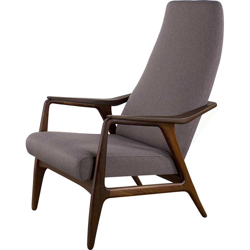 Mid-century Scandinavian armchair in teak and purple fabric - 1960s