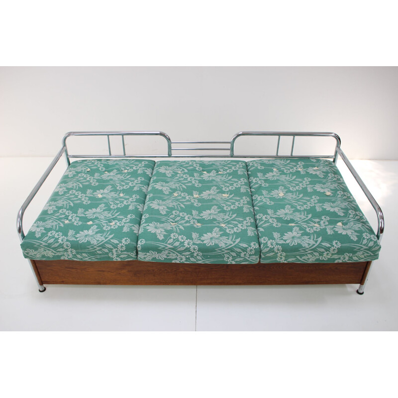 Mid century Art Deco 3-seater sofa bed in chrome and fabric, Czechoslovakia 1930
