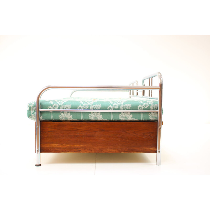 Mid century Art Deco 3-seater sofa bed in chrome and fabric, Czechoslovakia 1930