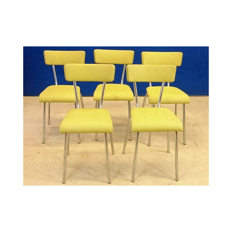 Suite de 5 chaises vintage en inox & simili jaune paille - 1960