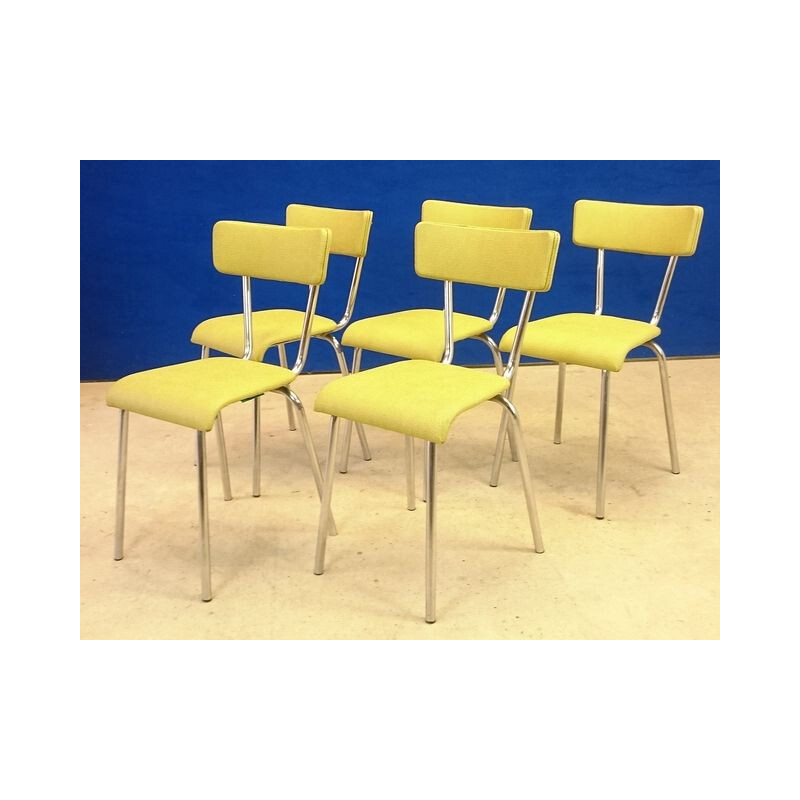 Suite de 5 chaises vintage en inox & simili jaune paille - 1960