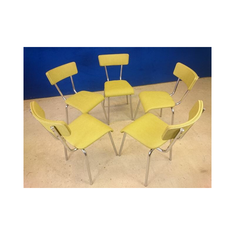  Set of 5 chairs in stainless steel & simili yellow straw - 1960s