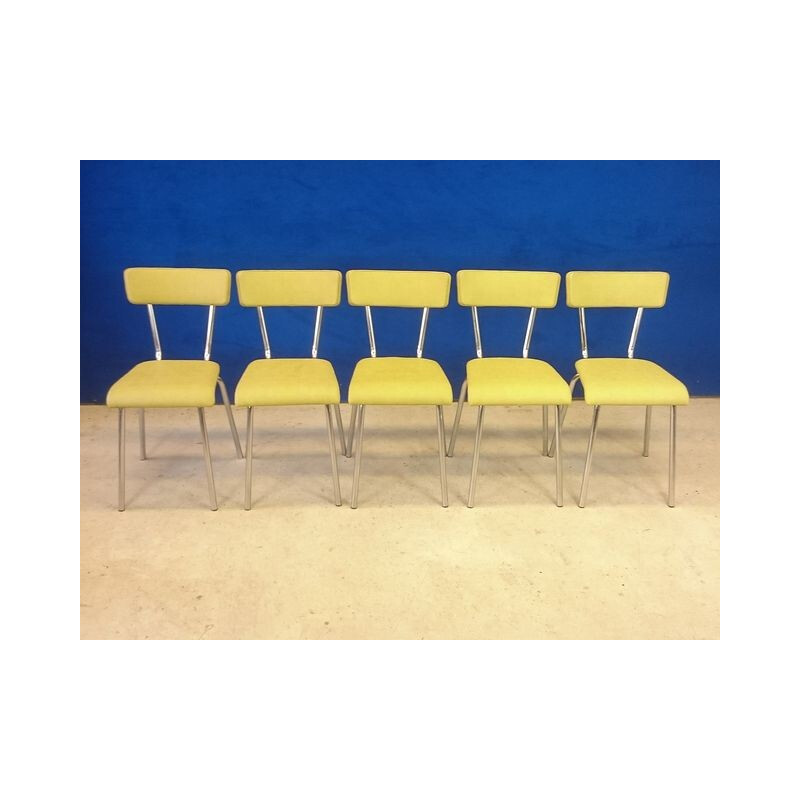  Set of 5 chairs in stainless steel & simili yellow straw - 1960s