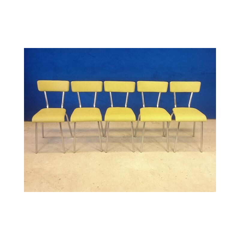 Suite de 5 chaises vintage en inox & simili jaune paille - 1960