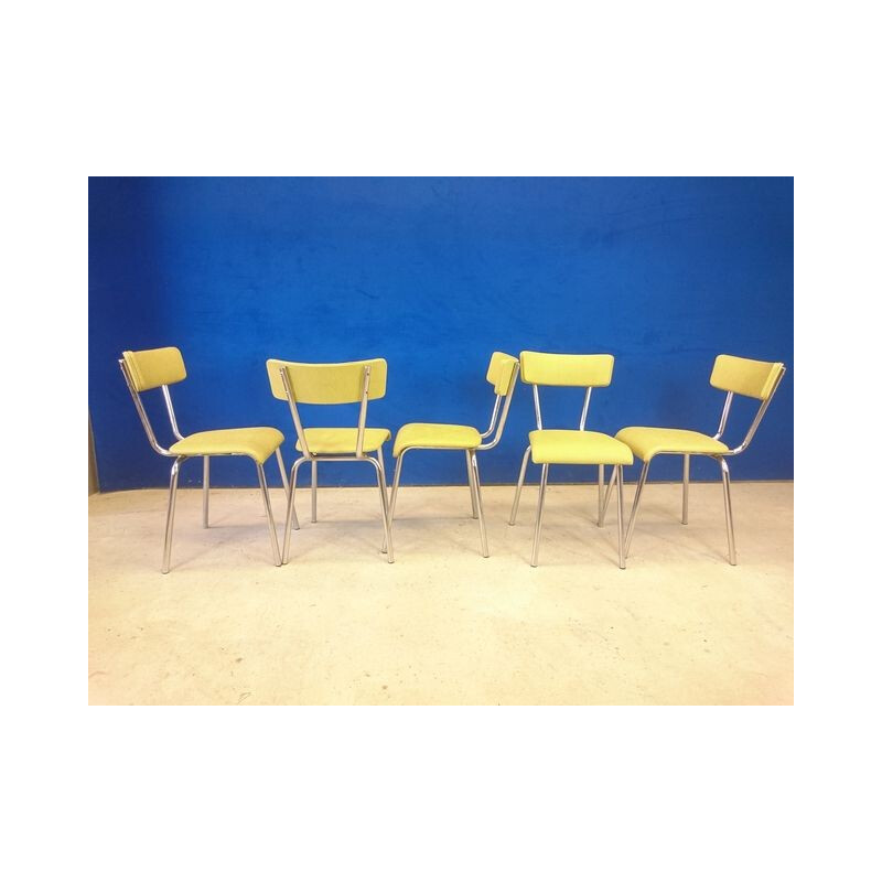  Set of 5 chairs in stainless steel & simili yellow straw - 1960s