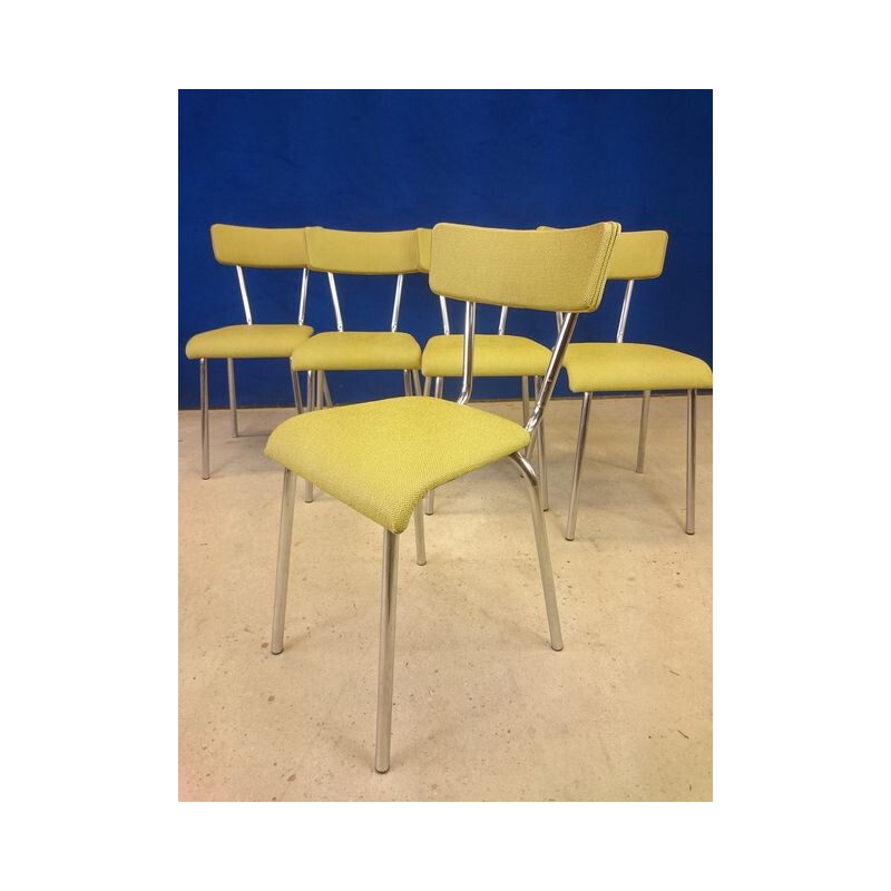 Suite de 5 chaises vintage en inox & simili jaune paille - 1960