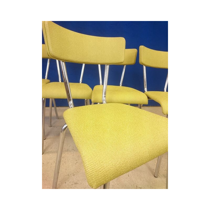  Set of 5 chairs in stainless steel & simili yellow straw - 1960s