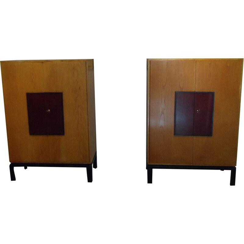 Pair of mid-century cabinets in ashwood and black metal - 1950s